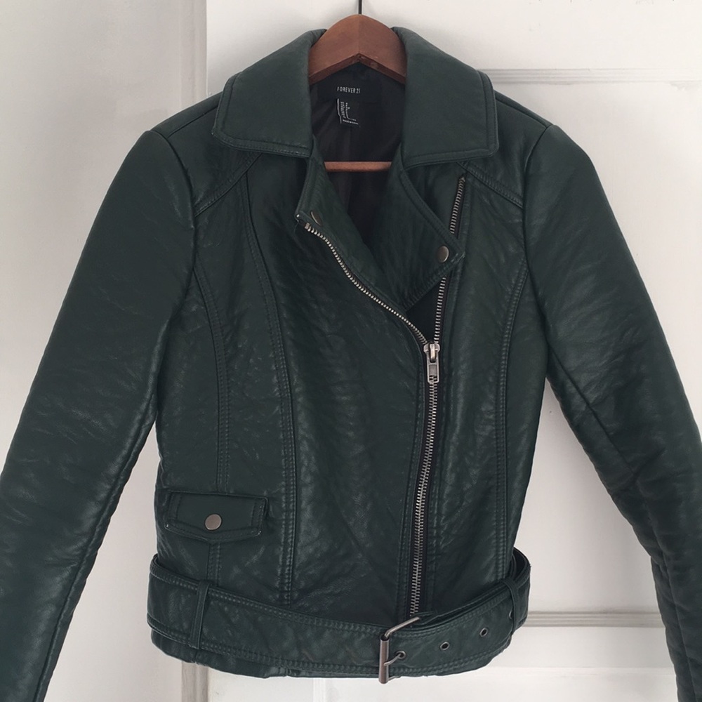 Forever21 hunter green faux leather moto jacket